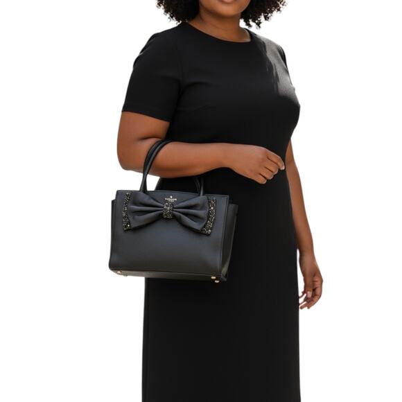 Kate Spade New York Black Manor Place Cow Leather Rhinestones Bow Satchel Purse - Picture 1 of 16